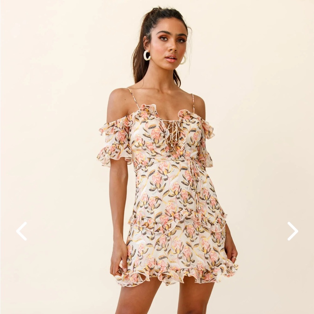 Selfie Leslie Saints + Secrets Nude Pink Maranda Bardot Lace Up Bust Dress S